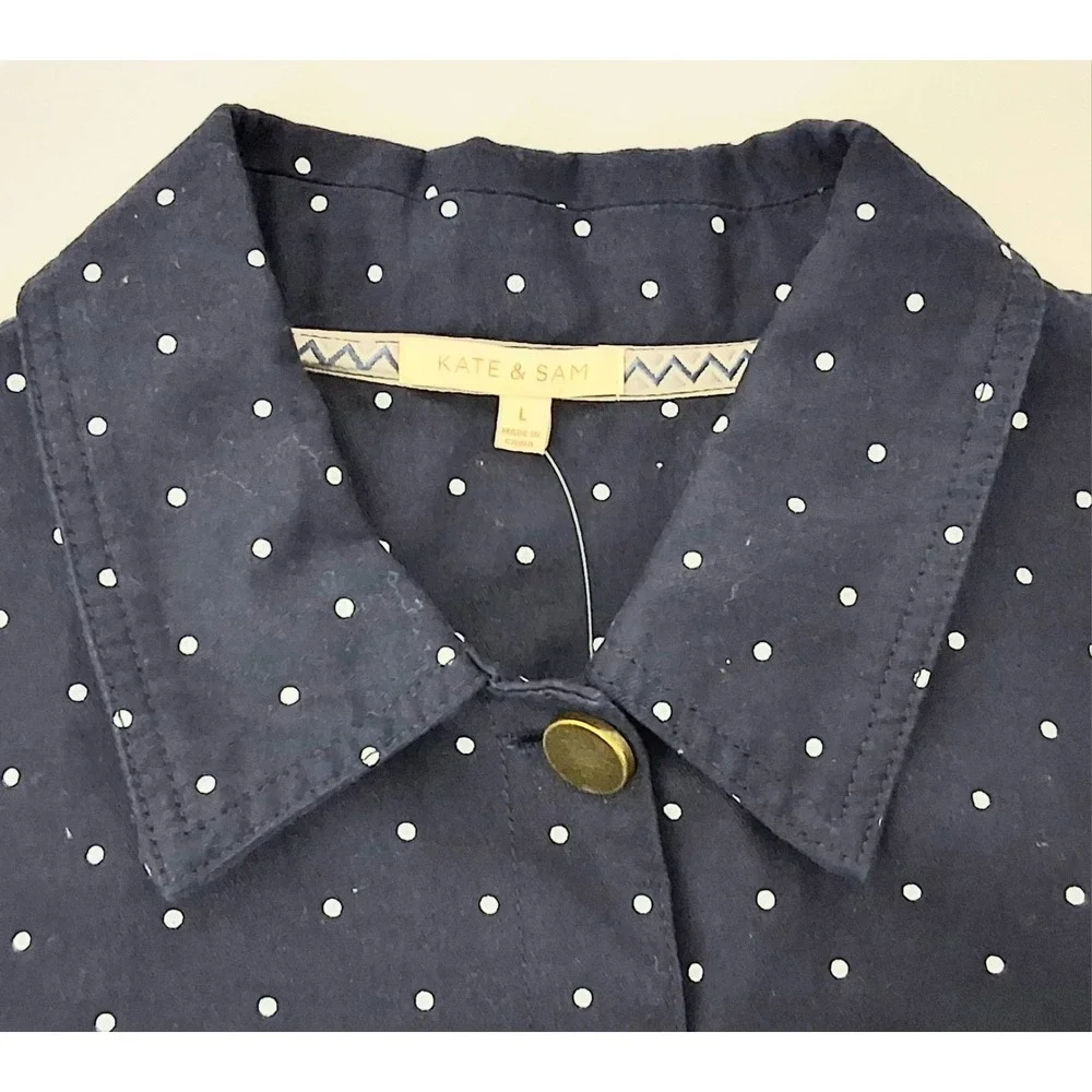Kate & Sam Jacket Women's Large Navy Blue Polka Dot Button Rope Tie Nautical New